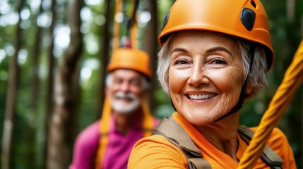 A senior woman smiling while ziplining through the forest, wearing safety gear and a helmet. Her partner is seen in the background enjoying the adventure.
