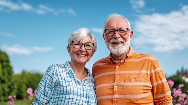 A cheerful elderly couple standing together in a garden with colorful flowers. Both are smiling and enjoying the sunny day in casual clothes.