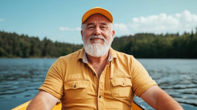 An elderly man with a white beard sits in a yellow boat, rowing on a calm lake. He smiles, enjoying the peaceful nature surrounding him.