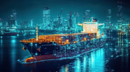 Obraz premium A vibrant cargo ship illuminated at night, navigating through a cityscape of skyscrapers.