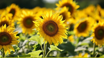 A field of sunflowers, their bright yellow faces turned towards the sun