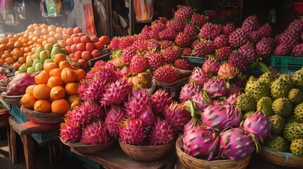 Fototapeta premium A vibrant display of Thai tamarinds, dragon fruits, and mangosteens in a traditional market setting.