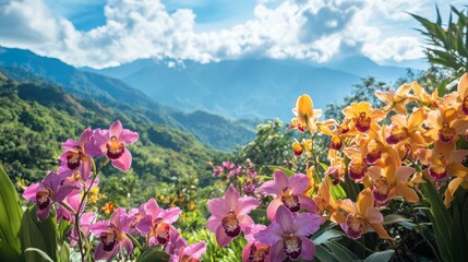 Obraz premium A vibrant orchid garden with a backdrop of mountains, capturing the essence of nature's beauty.