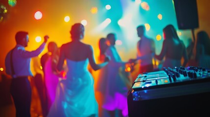 Guests are dancing energetically at a wedding reception, surrounded by vivid lighting and music from the DJ console, creating a joyful and lively atmosphere