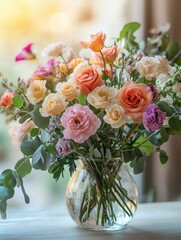 A beautiful arrangement of mixed flowers in a glass vase sits on a light wood table, adding a cheerful touch to the room. Generative AI