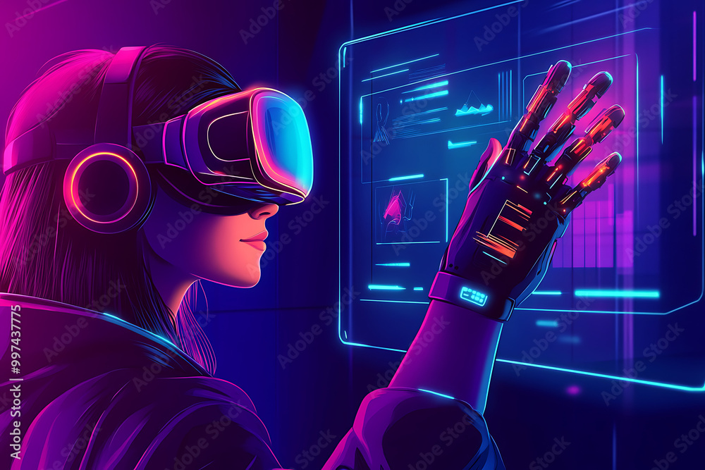 Poster a person using a virtual reality headset interacts with a digital interface.