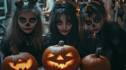 Fototapeta premium Halloween Themed Photoshoot with Pumpkins and Witches in the Forest