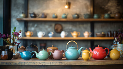 An artistic tea display with a variety of colorful teapots, stylish teacups, and a range of tea blends.