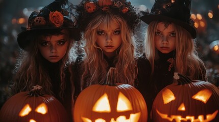 Fototapeta premium Halloween Themed Photoshoot with Pumpkins and Witches in the Forest