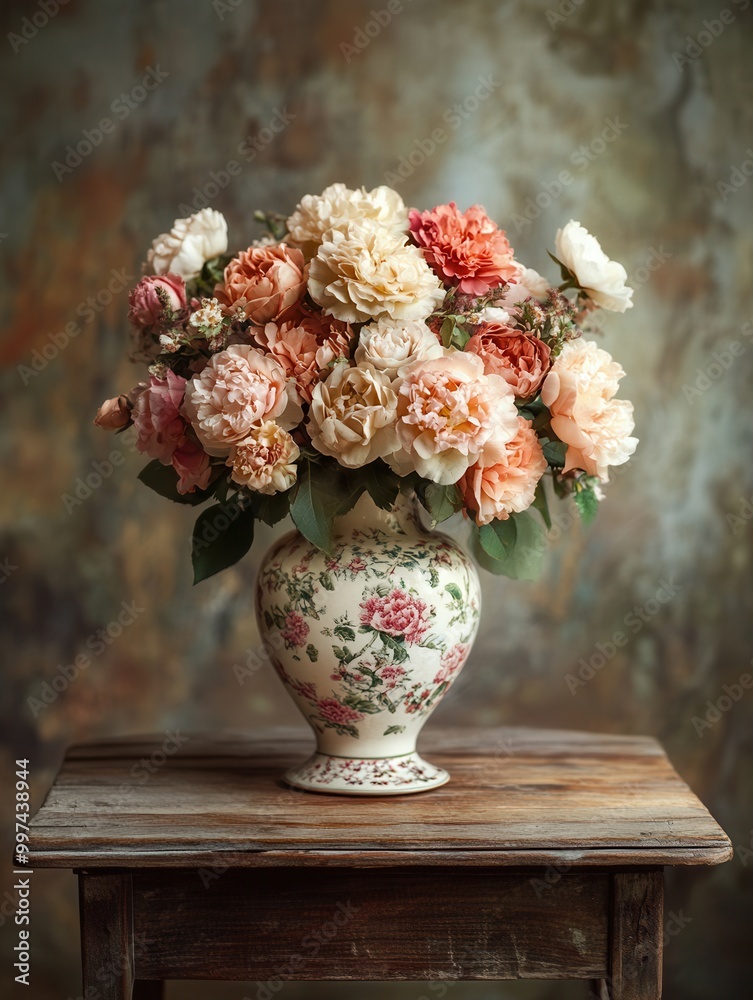 Poster a beautiful arrangement of roses and carnations is displayed in a vintage ceramic vase atop a rustic