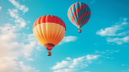 Naklejka premium Two Colorful Hot Air Balloons Flying in Blue Sky with White Clouds