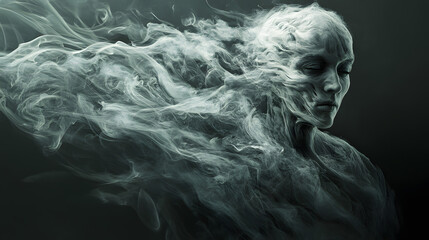 A ghostly figure made of smoke, swirling in the air as its face stretches and warps in agony