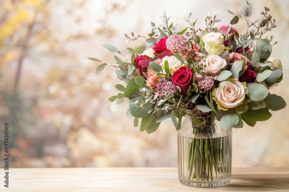 Poster a vibrant bouquet featuring roses and greenery is perfectly displayed in a glass vase atop a light w