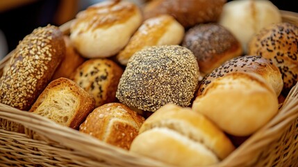 Fototapeta premium Close-up of a variety of bread rolls in a basket, featuring different shapes and textures.