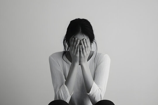 顔を手で隠し、絶望や挫折を味わっている女性