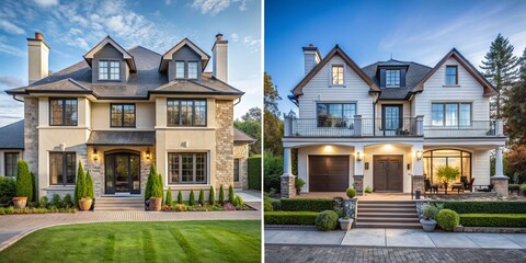 Comparación de renovación de casa antes y después de la reparación, vista exterior mostrando la transformación de una propiedad antigua a una casa moderna y lujosa.
