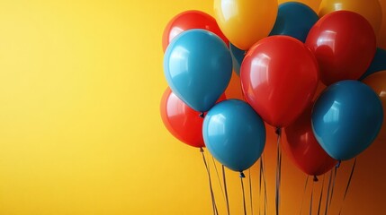 colorful balloons gently floating against a bright yellow wall creating a festive atmosphere with ample copy space for message or branding