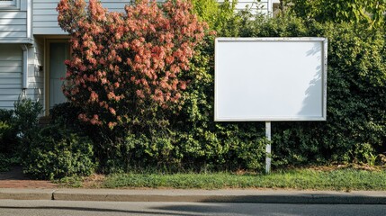 A blank advertising billboard next to a flowering bush and greenery by a residential area.