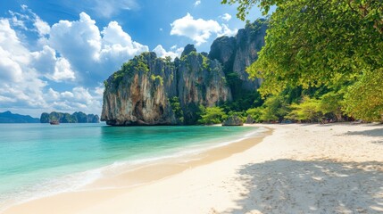 Obraz premium White sand beaches of Railay Beach, Krabi, framed by towering limestone cliffs and clear turquoise water.