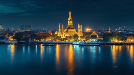 Fototapeta premium Wat Arun, the Temple of Dawn, illuminated at dusk, with its intricate spires reflecting in the Chao Phraya River.