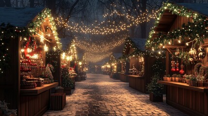 Obraz premium A charming Christmas market scene with wooden stalls selling ornaments, wreaths, and twinkling lights overhead.