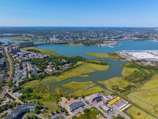 Marina Bay and Neponset River aerial view in Quincy Bay in city of Quincy, Massachusetts MA, USA. 
