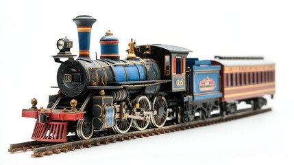 Fototapeta premium A detailed model of a vintage steam locomotive with a passenger car.
