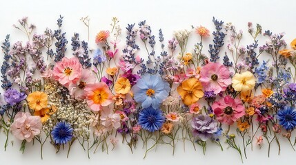 composition of dried wildflowers in spring and summer hues arranged beautifully against a delicate white watercolor background a gentle reminder of natures beauty and transience
