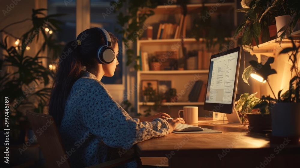 Poster a individual sits at a wooden desk in a softly lit room, focused on a computer screen