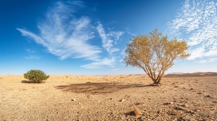 Sturdy trees stand prominently on dry, sandy ground, reaching towards the expansive blue sky filled with wispy clouds. The stark beauty of the desert is evident in this tranquil setting