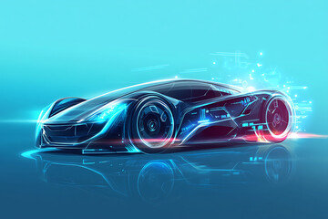 A futuristic, sleek sports car design with glowing elements and a digital interface.