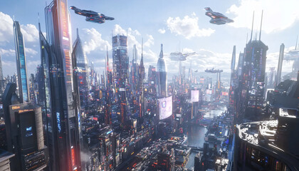 Naklejka premium A sci-fi city with sleek skyscrapers, flying vehicles, and glowing holograms, offering a glimpse into a high-tech future