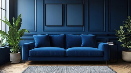 cozy modern living room showcasing a plush sofa against a deep blue wall soft lighting creating an inviting atmosphere minimalistic decor enhancing the overall warmth and comfort of the space