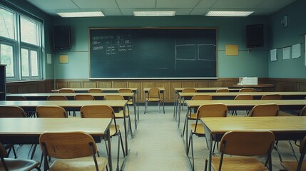 Empty Classroom with Desks and Chairs Facing a Chalkboard