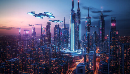 Fototapeta premium A sci-fi city with sleek skyscrapers, flying vehicles, and glowing holograms, offering a glimpse into a high-tech future