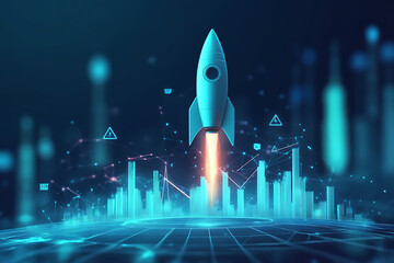 A futuristic rocket launching amidst digital data and cityscape graphics.