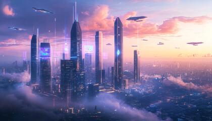 Fototapeta premium A sci-fi city with sleek skyscrapers, flying vehicles, and glowing holograms, offering a glimpse into a high-tech future