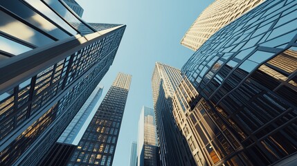 Naklejka premium Skyscrapers reaching towards a clear blue sky.