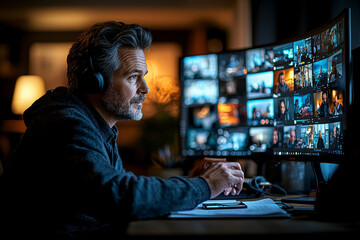 A person multitasking between a video call and working on a document in a home office. Concept of remote work efficiency.