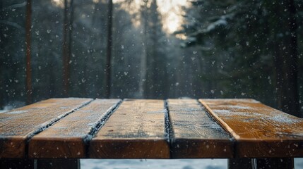 Snowfall on a wooden table in a forest setting.