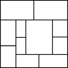 Template collage frame photos linear composition. Realistic vector mockup. Frame for photo and picture, mosaic frame banner, photography album layout, photo puzzle isolated on transparent background.