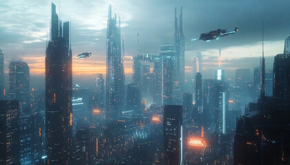 Fototapeta premium A sci-fi city with sleek skyscrapers, flying vehicles, and glowing holograms, offering a glimpse into a high-tech future