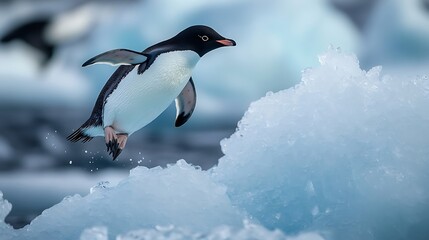 Obraz premium Polar acrobat Adélie penguin jumps across floating icebergs with precision