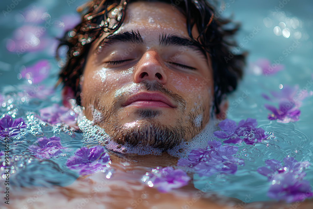 Wall mural A man enjoying a soothing bath with essential oils and bath salts. Concept of relaxation and personal care.