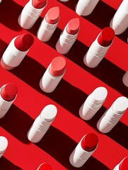 Repetitive Pattern of Red Lipsticks on Bold Red Background