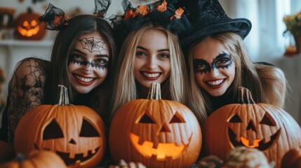 Fototapeta premium Halloween Celebrations with Witches and Pumpkins in an Autumn Forest Setting