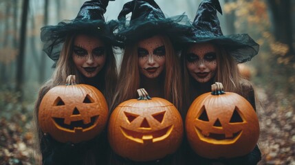 Fototapeta premium Halloween Celebrations with Witches and Pumpkins in an Autumn Forest Setting