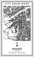 Naklejka premium Monochrome Line Art Map of Osaka City of Japan, Illustration and home decoration