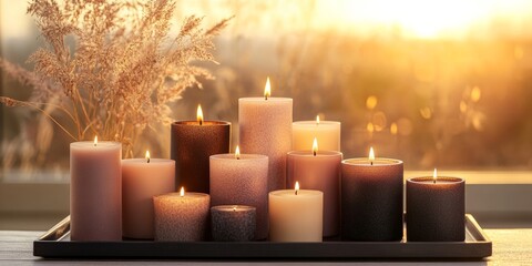 A chic collection of decorative candles displayed in various sizes and colors. The candles are arranged on a stylish tray against a soft background, creating a cozy atmosphere.