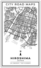 Obraz premium Monochrome Line Art Map of Hiroshima City of Japan, Illustration and home decoration